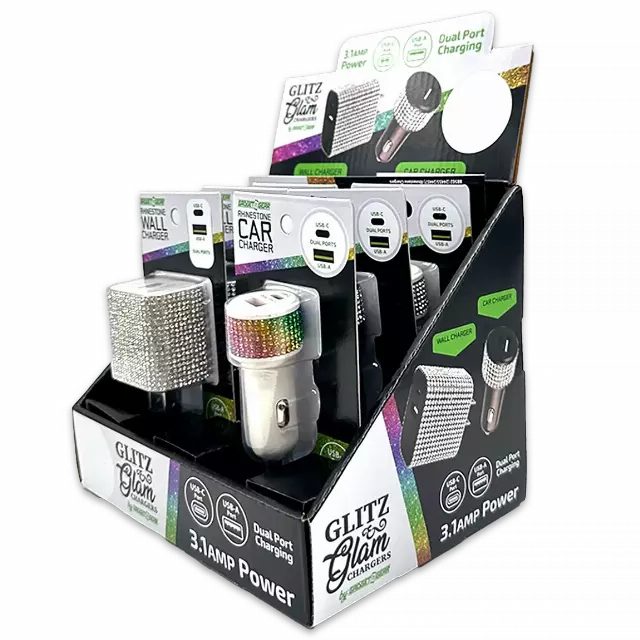 Car Charger and Wall Charger Dual Port USB / USB-C Rhinestone Assortment - 6 Pieces Per Retail Ready Display 88502
