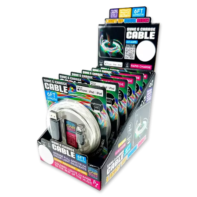 Charging Cable LED Light-Up Assortment - 6 Pieces Per Retail Ready Display Kit 88472