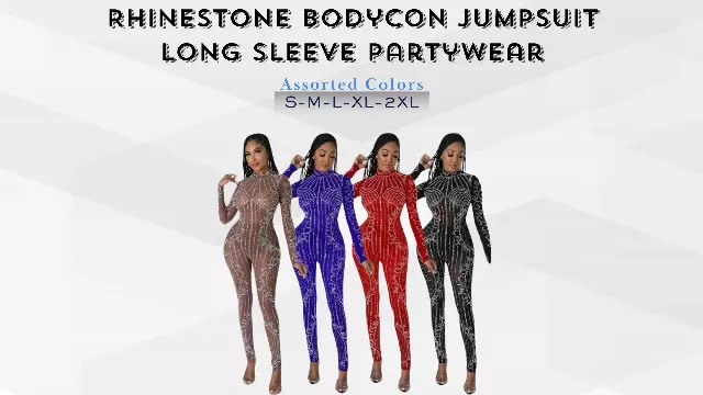 Chicaluv Wholesale- Women's Sexy Sheer Rhinestone Crystal Bodycon Jumpsuit – Sparkly See-Through Party Romper Overall - XV948