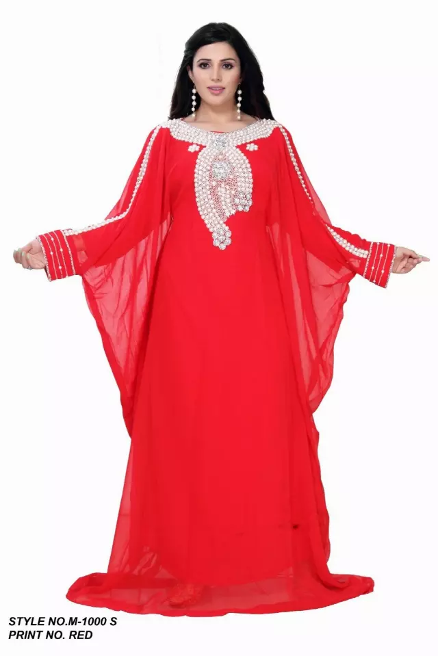 M1000 - NEW PRINT ALERT!!! Chiffon Beaded Kaftan - (3 Pcs Pre pack) - $50 Each — One Size (4-22) / Red