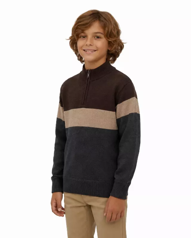 Big Boys' Striped Quarter Zip Sweater W26-8 — 8-10/12-14/16-18 / W101 Charcoal