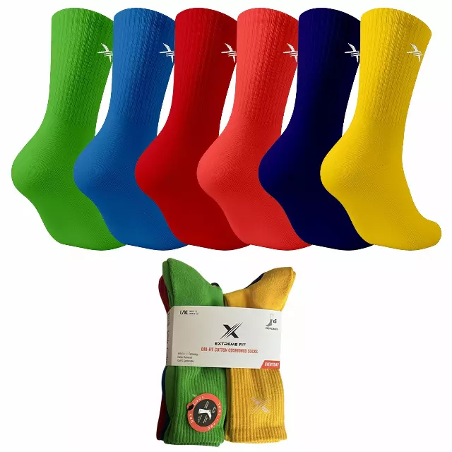 6-Pairs: Dri-tech Everyday Wear Crew Length Socks - BRIGHT — Small/Medium