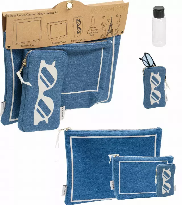 La L'Amour 16oz Cotton Canvas 3 Piece Toiletry Packing Set With Sunglasses Case — 136-DENIM
