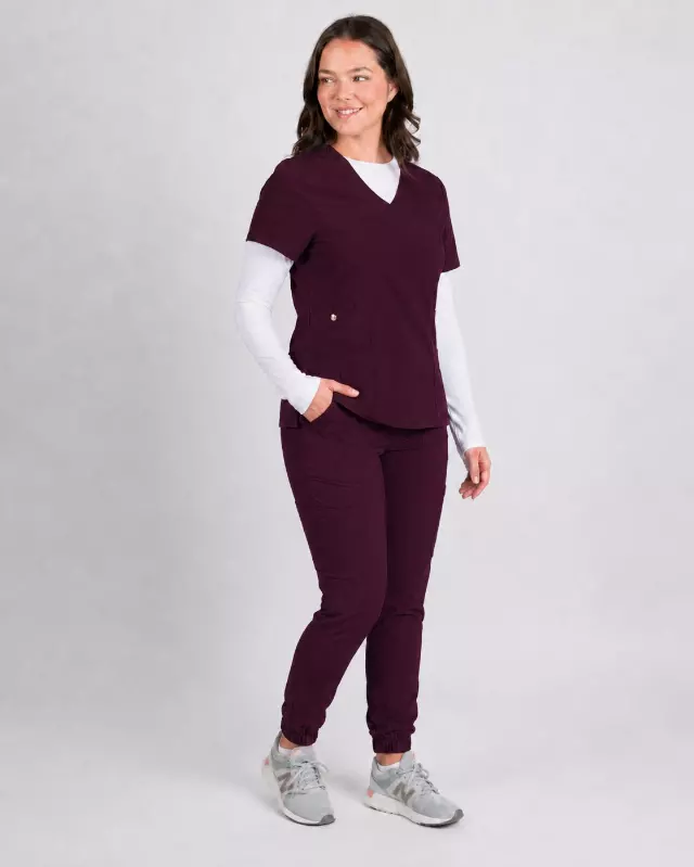 Dahlia | Mock Wrap Jogger Scrubs Set — Raisin / M