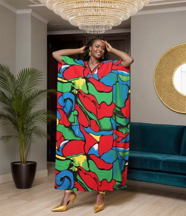 PNA-1464 - Women's Comfy Kaftan Dress with Headwrap- One Size (6-PCS PRE-PACK) - $7 Each — One Size (4-24) / Print-1464B