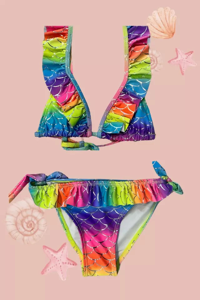 H2491-1 Kids Rainbow Mermaid Dream Ruffle Two Piece