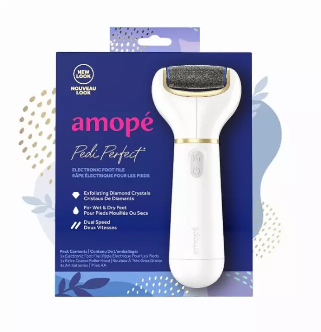 Amopé Pedi Perfect Electric Callus Remover Foot File w/ Diamond Crystals, Pedicure Tool for Feet, Removes Hard & Dead Skin, Feet Scrubber & Buffer, Splashproof, w/ Extra Coarse Roller Head, 1 Count