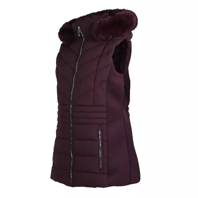 Women’s Solid Berber Lined Puffer Vest with Detachable Faux Fur Hood and Expandable Sides - Style #HDLV01-$14.00/Unit 12 PC — S-XL (WHOLESALE) / Deep Plum
