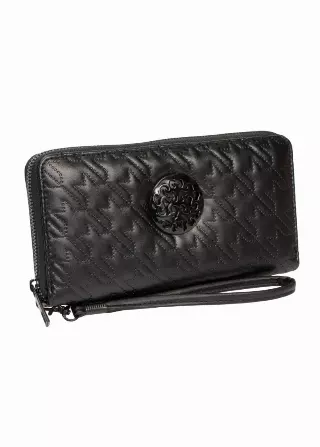 Rebecca & Rifka Smooth Houndstooth Quilt Medallion Zip Wristlet Wallet — BK/BK