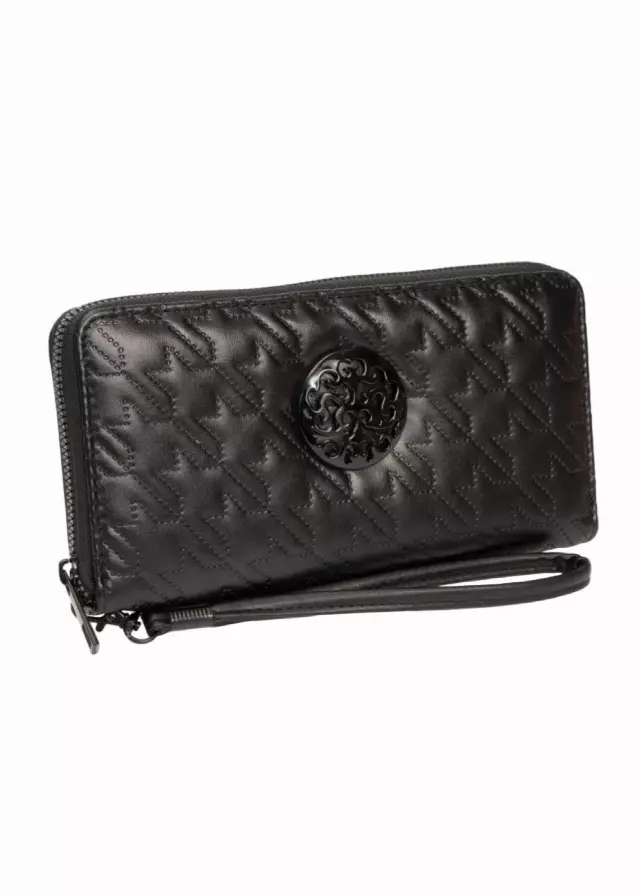 Rebecca & Rifka Smooth Houndstooth Quilt Medallion Zip Wristlet Wallet — BK/BK