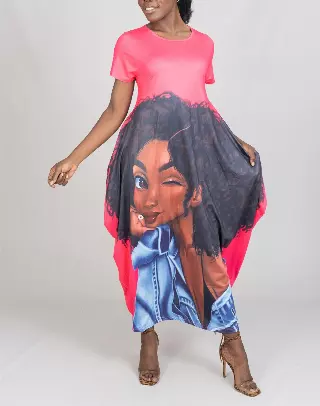 23016- Women's Plus Size Maxi Dress Digital Face-Print Knit Maxi Dress - One Size (3-PCS PRE-PACK) ($20.00 Each)