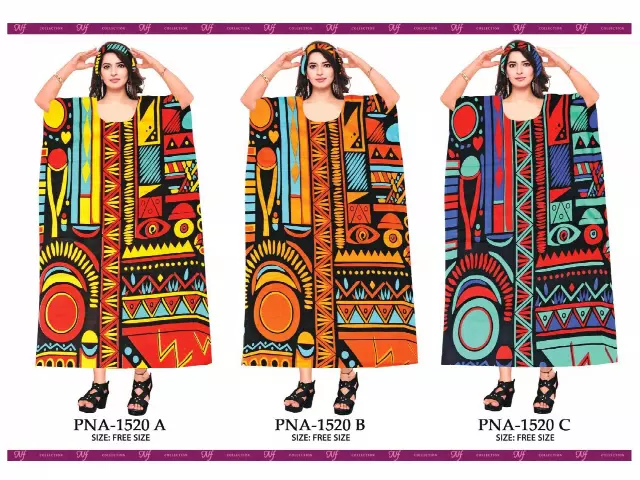PNA-1520 Women's Colorful Print Long Comfortable Kaftan Dress with Headwrap- One Size (6-PCS PRE-PACK) - $7 Each — One Size (4-24) / Print-1520B