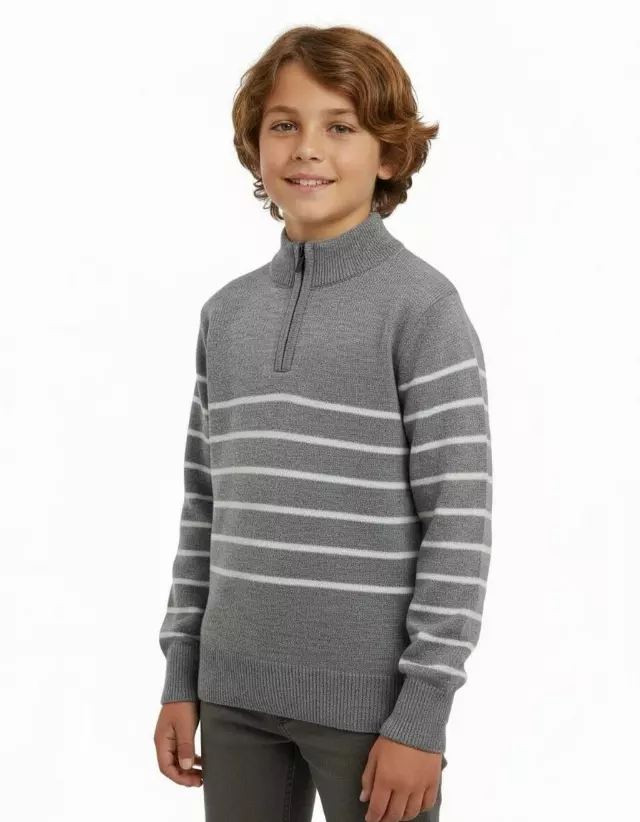 Little Boys' Striped Quarter Zip Sweater W26-4 — 4-5-6-7 / W03 Gray