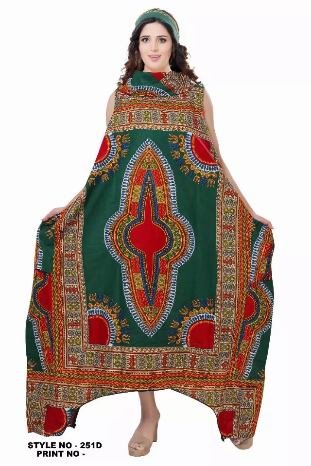 251DSK - NOW IN DASHIKI COLORS - Cow Neck African Wax Jumpsuit/Dress (3 PCS PRE-PACK) - $25 Each — One Size (4 - 26) / Green