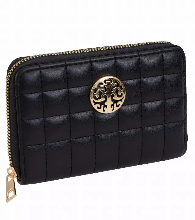 Rebecca & Rifka Smooth Boxed Quilt Medallion Zip Indexer Wallet — BK/GD