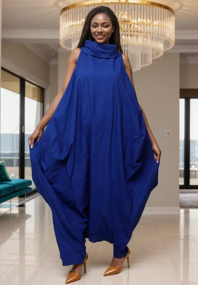251 L - Linen Cowl Neck African Wax Jumpsuit/Dress (3 PCS PRE-PACK) - $30 Each — One Size (4 - 26) / Royal Blue