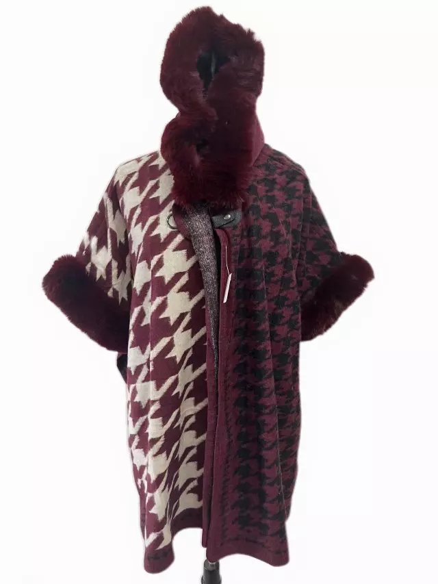 TX527 Faux Fur Houndstooth Cape with Hoodie — Burgundy