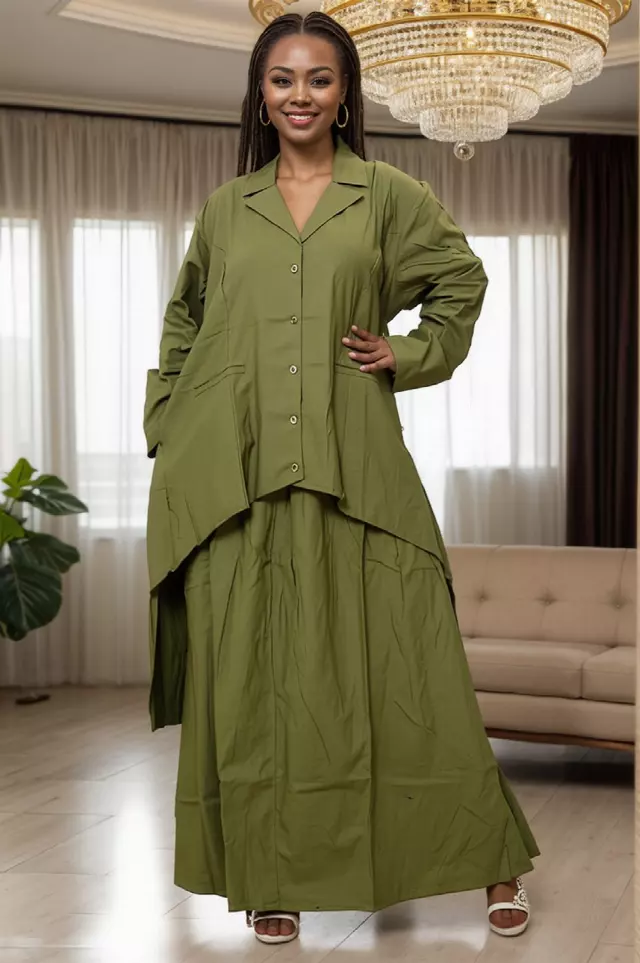 7906 P (Skirt Set) - Authentic African Print 2pc Top + Skirt Set - $30.00 Each (3 pcs per pack) — Free Size / Olive