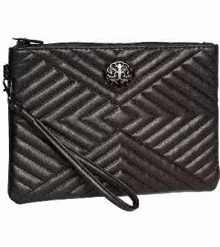 Rebecca & Rifka Smooth Abstract Tubular Quilt Medallion Zip Wristlet — BK/BK