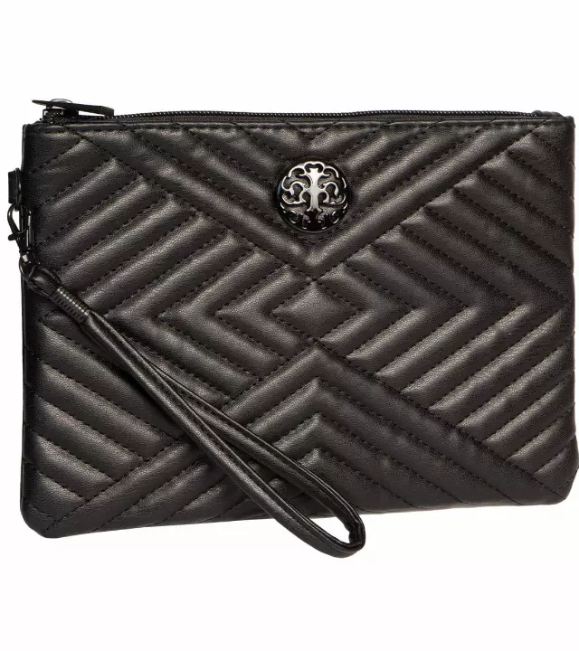 Rebecca & Rifka Smooth Abstract Tubular Quilt Medallion Zip Wristlet — BK/BK