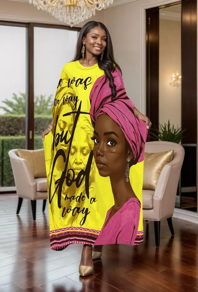PNA-1637 - Women's Comfy Kaftan Dress with Headwrap- One Size (6-PCS PRE-PACK) - $7 Each — One Size (4-24) / Print-1637B