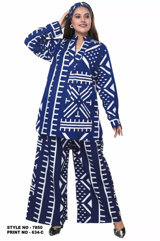 7850 - 100 % Cotton Printed 2pc Pant Set - Top + Pyjama - $25.00 Each (3 pcs per pack) — Free Size / Print-634C