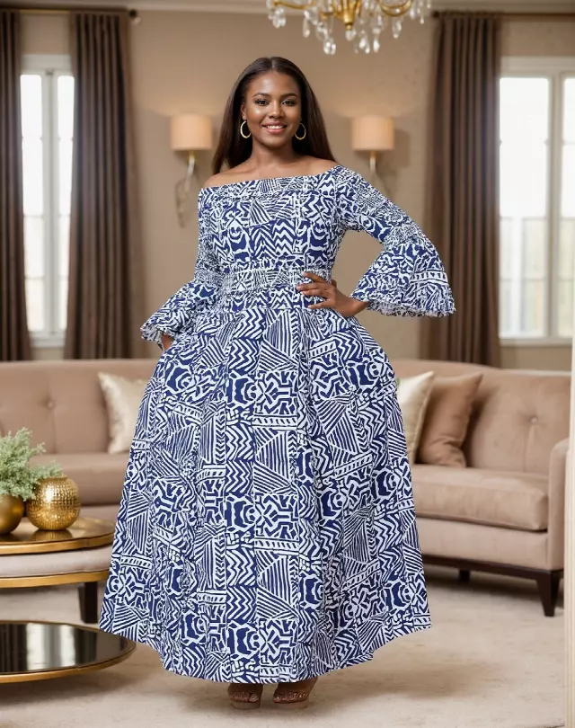 7556 -NEW PRINTS ALERT!!!! Off Shoulder Maxi Dress in Ankara Prints - $25.00 Each (3 pcs per pack) — Free Size / Print-680