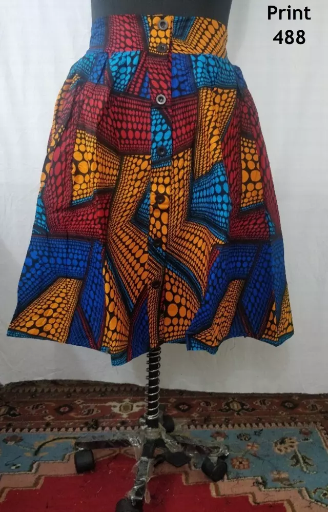 9054 - Button Down 28 inch length Authentic African Skirt (3 PCS PRE-PACK) - $15.00 Each — One Size (4 - 24) / Print-488