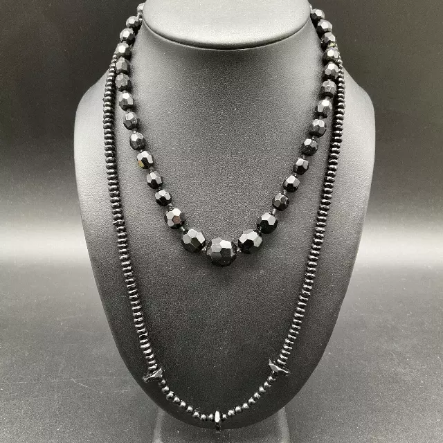 Vintage Black Glass Beaded Necklace Lot 2pc Germany Graduated Faceted Beads