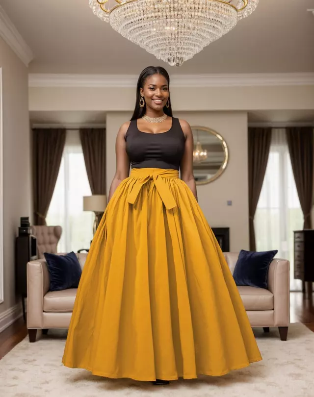 7001S - 8 Panel Solid Color Skirt - Authentic African Wax (3-PCS PRE-PACK)- $25 Each — One Size (4-18) / MUSTARD / 3-Pcs Per Pack