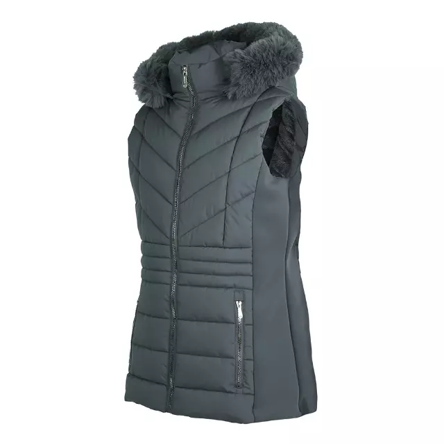 Women’s Solid Berber Lined Puffer Vest with Detachable Faux Fur Hood and Expandable Sides - Style #HDLV01X - $15.00/Unit 12 PC — S-XL (WHOLESALE) / Steal Grey