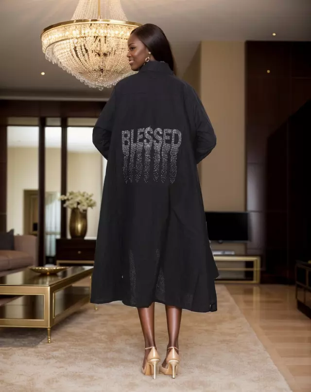 7042 - Button Down Rhinestones Shirt Dress in High Low Style (3 PCS PRE-PACK) - $25.00 Each — One Size (4 - 26)) / Black-BLESSED (OLD)
