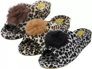 W5110-A - Wholesale Women's Satin Velour Leopard Print Upper Open Toe House Slippers