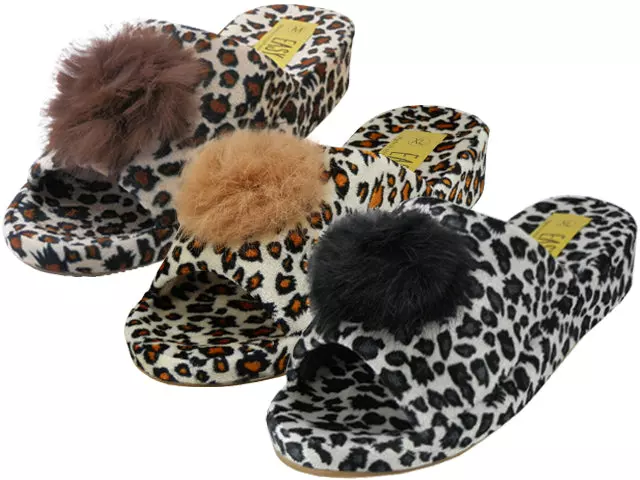 W5110-A - Wholesale Women's Satin Velour Leopard Print Upper Open Toe House Slippers