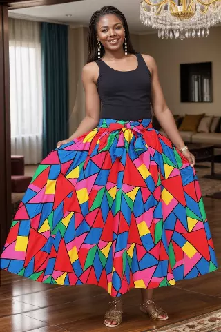 7001SK - 8 Panel African Print Skirt - Authentic African Wax (3-PCS PRE-PACK) - $25 Each — One Size / Print-615 / 3-Pcs Per Pack