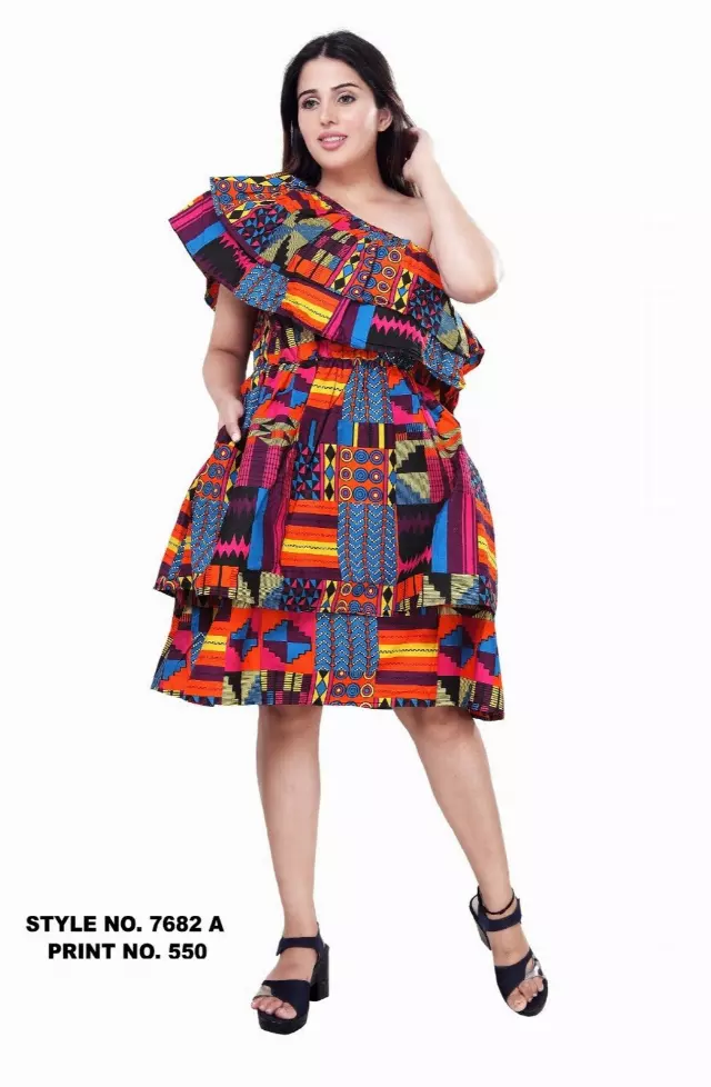 7682A - 100% Cotton African Print One-shoulder Dress (3 PCS PRE-PACK) - $20.00 EACH — One Size (4-24) / Print-550