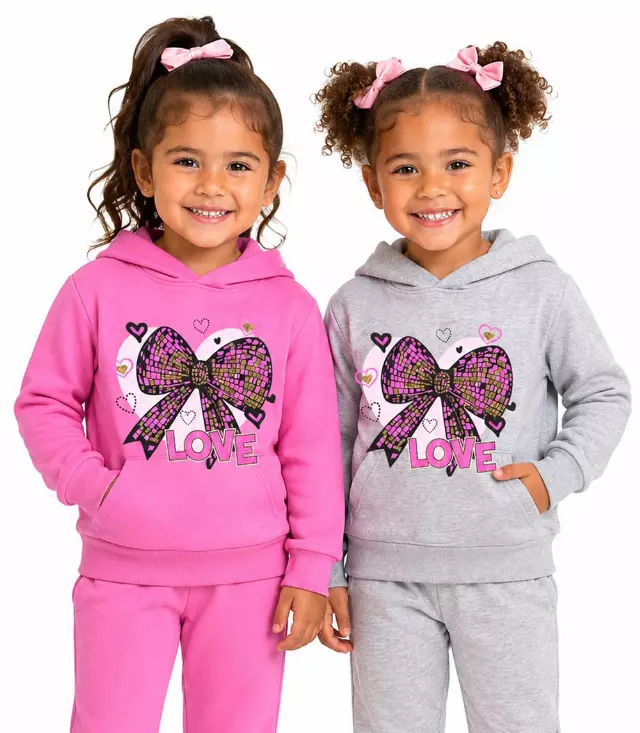 Girls Pink Bow with Heart Screen Pull On Hoodie & Jogger Set – 8684602