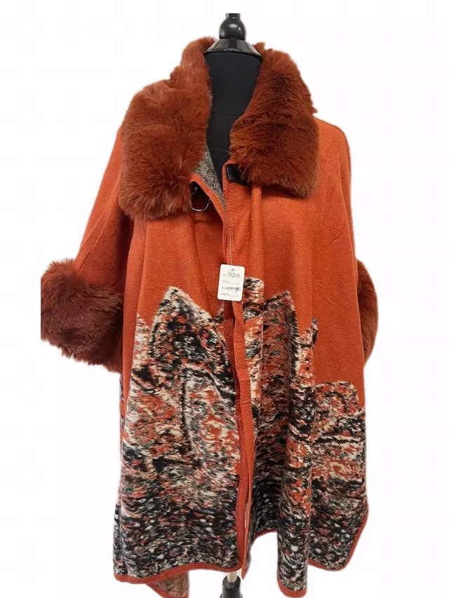 TX525 Faux Fur Pattern Cape — Orange
