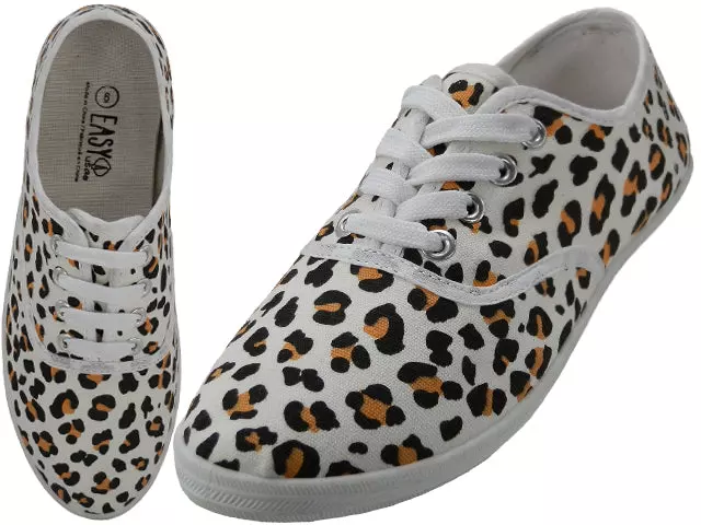 W6201 - Wholesale Women's "Easy USA" Canvas Leopard Printed Lace Up Shoes