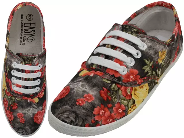 W6503 - Wholesale Women's "Easy USA" Casual Canvas Lace Up Shoes — Black Rose Printed (W6503) / 6-11 Assorted