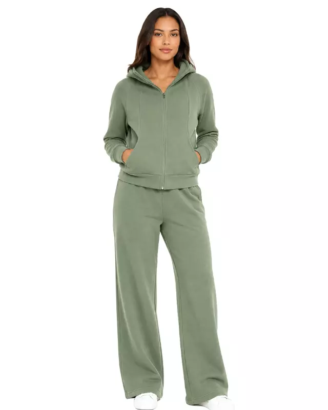 Women’s Zip-Up Jacket & Wide-Leg Pants Set #13 — Green / S-M-L-XL