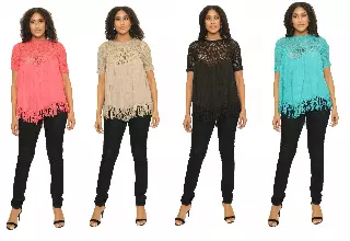 16014- 100% Cotton Crochet Accent Top with Fringe Hem (6-PCS PRE-PACK)