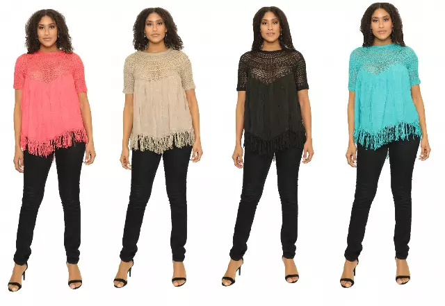 16014- 100% Cotton Crochet Accent Top with Fringe Hem (6-PCS PRE-PACK)