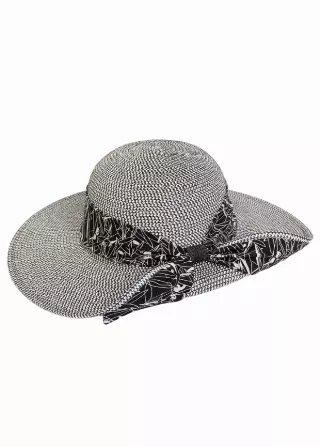 Magid Printed Ribbon Straw Floppy Hat — BLACK