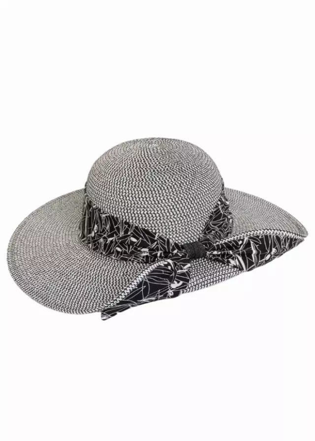 Magid Printed Ribbon Straw Floppy Hat — BLACK