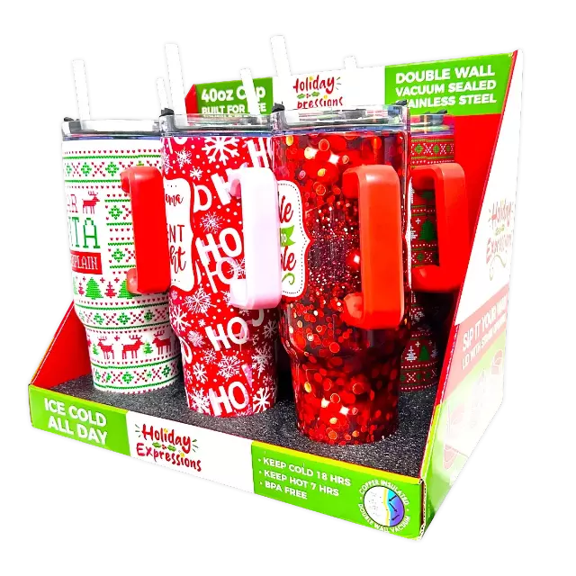 40 oz Insulated Stainless Steel Holiday Cup - 6 Pieces Per Retail Ready Display 41709