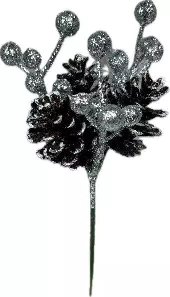 MSX3015silver- 1.5″ Cone x3 w/Glitter Berries (DZ) Min 1 DZ, Case Pk 48 DZ