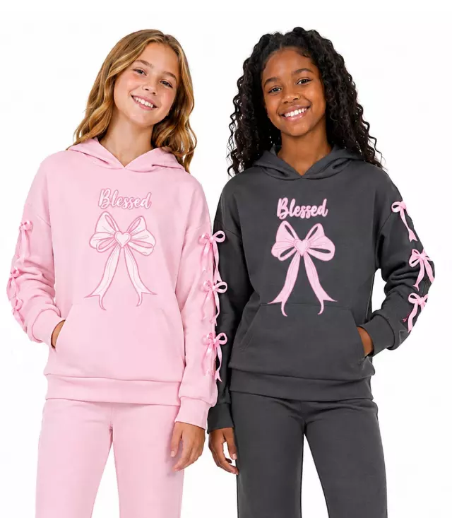 Girls Pink Bow Blessed Screen Hoodie With Flared Pants – 8660727