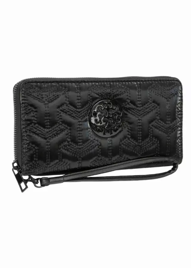 Rebecca & Rifka Patent Geometric Quilt Medallion Zip Wristlet Wallet — BK/BK
