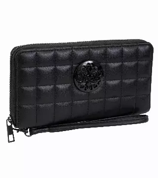 Rebecca & Rifka Smooth Boxed Quilt Medallion Zip Wristlet Wallet — BK/BK